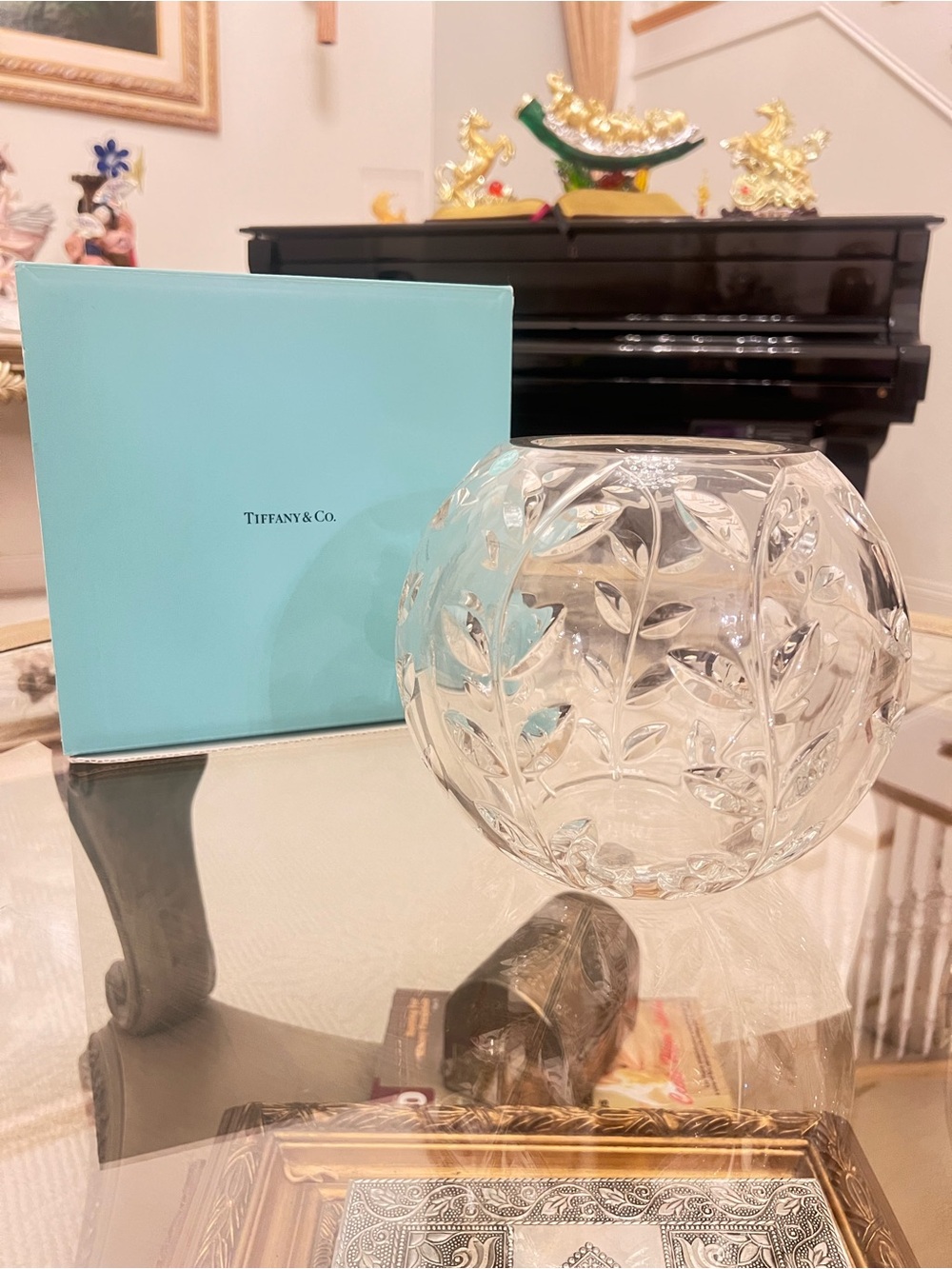 Tiffany & Co Floral Vine Rose Bowl Vase Elegant Cut Crystal